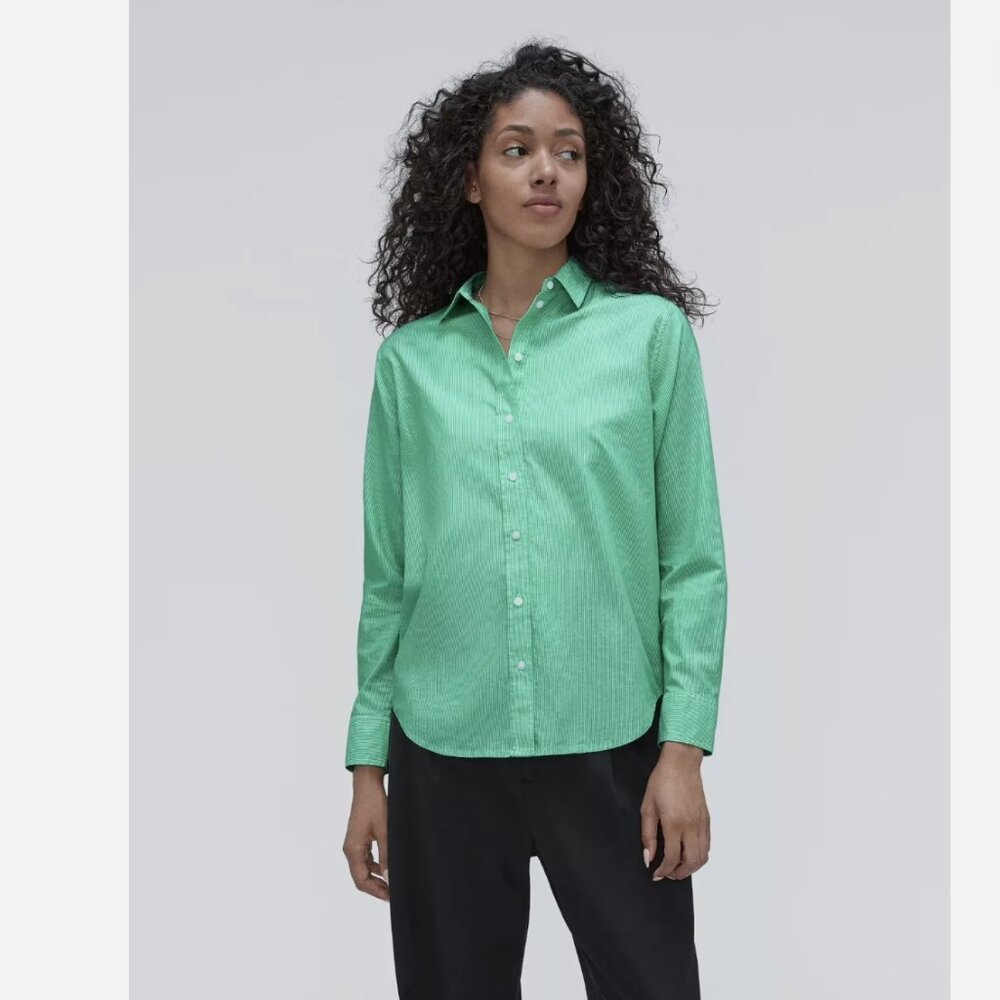 Everlane Silky Cotton Shirt in green and white stripe NWOT